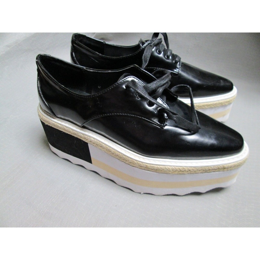 Mango sneakers womens 7 black big platform lace up Kenji contrast oxford stripe - Picture 13 of 16